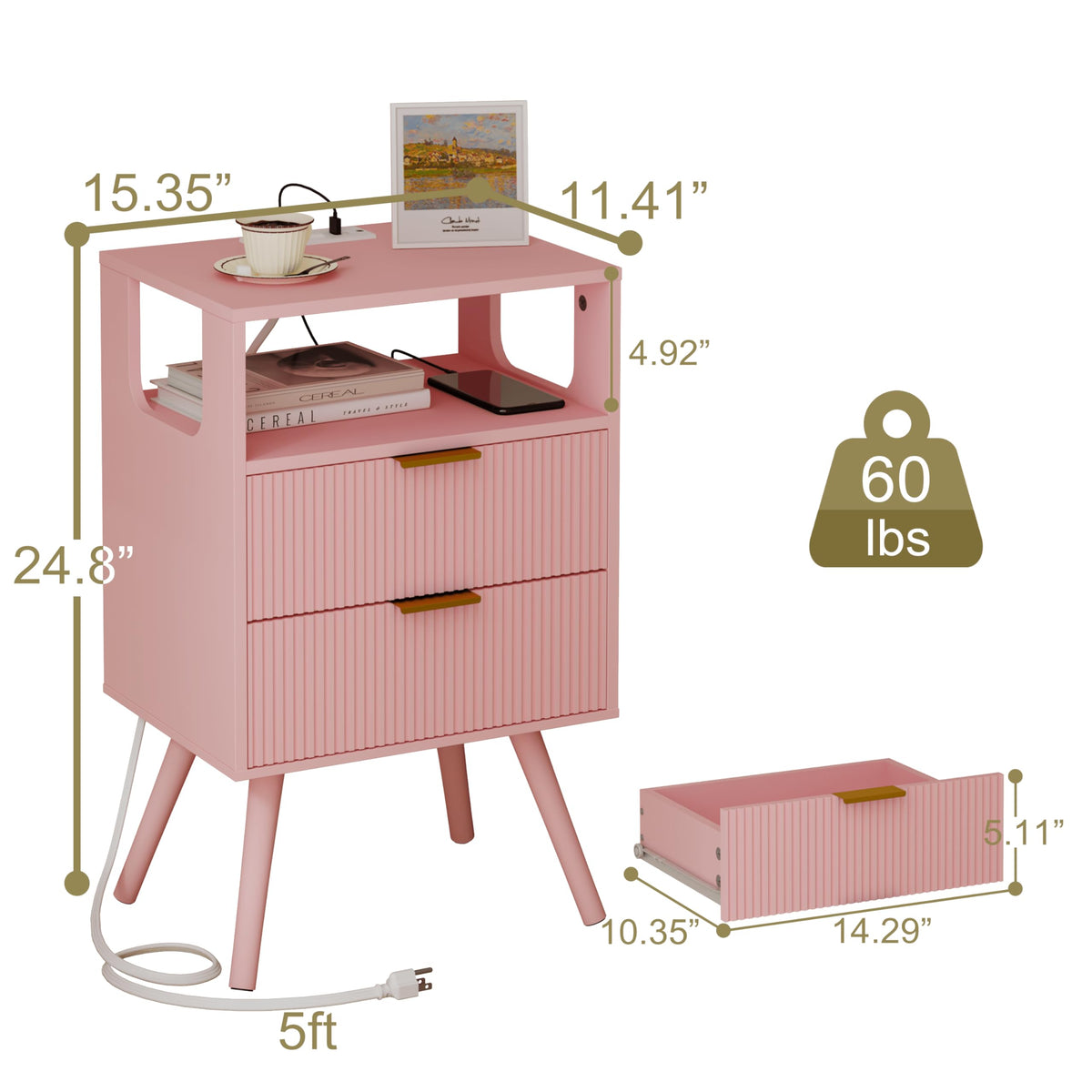 Pink Nightstand with Charging Station and LED Lights R36599