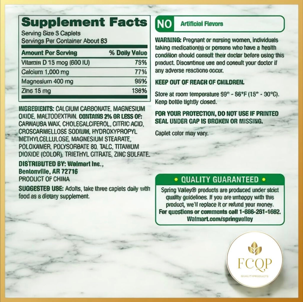 Calcium Magnesium Zinc with Vitamin D3 Supplements, 250 Coated Caplets J40500