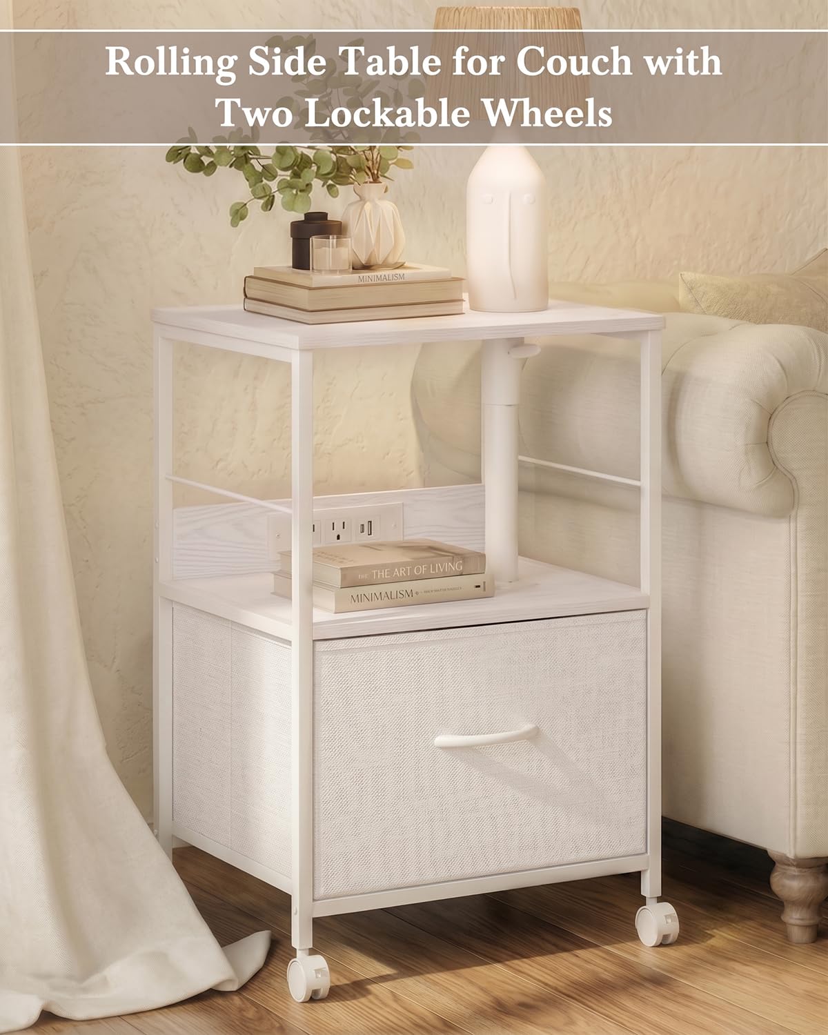 White Night Stand with Charging Station & Swivel Top M9226