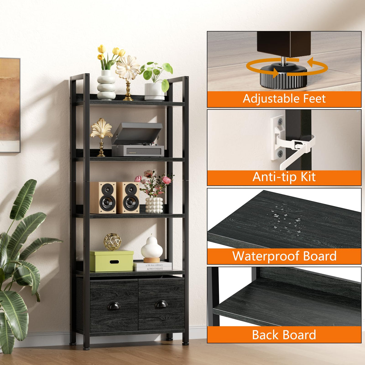 5-Tier Black Oak Bookshelf with 2 Storage Drawers C8633