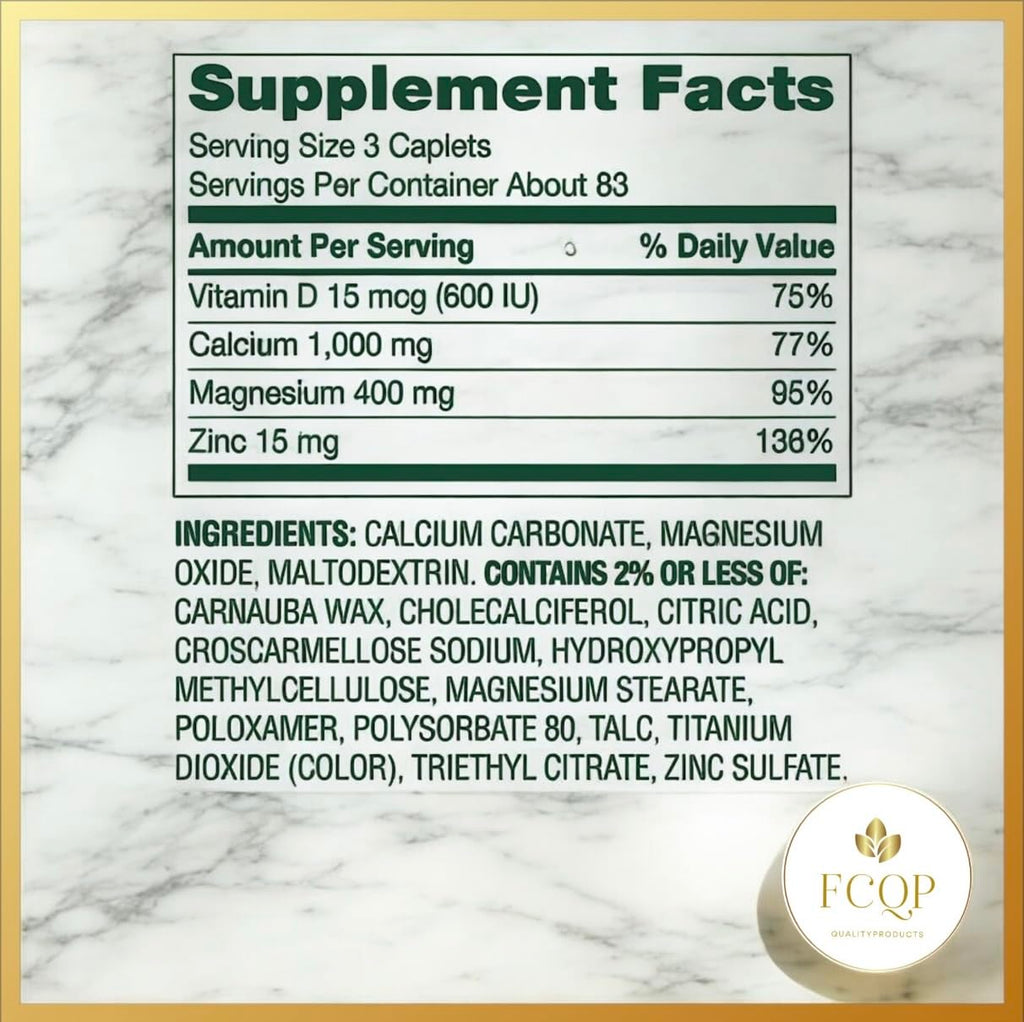 Calcium Magnesium Zinc with Vitamin D3 Supplements, 250 Coated Caplets J40500