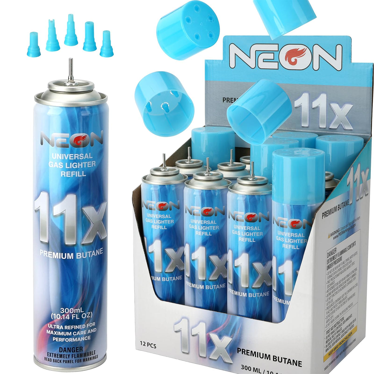 11X Ultra-Refined Butane Fuel 300ml with Metal Nozzle & 5 Adapters, 12 Cans J960270