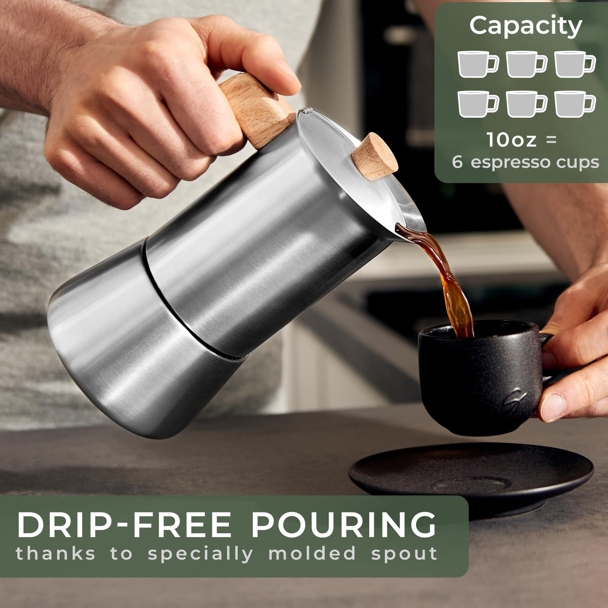 Stainless Steel Moka Pot 10oz Oak Wood Handle Stovetop Espresso Maker B6753