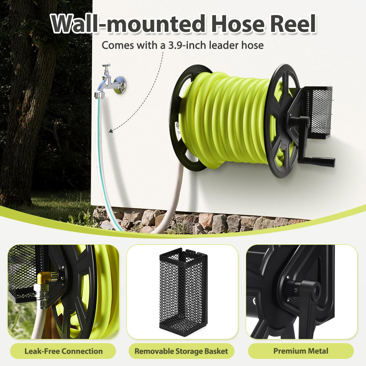 Wall Mounted Hose Reel, Holds 125ft of 5/8-Inch Hose, Black O2035