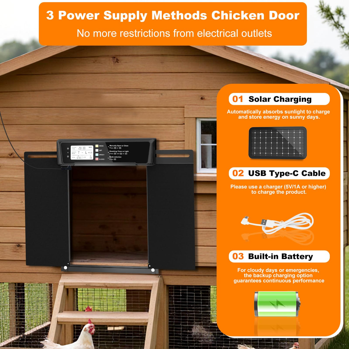 Automatic Chicken Coop Door Solar Powered with Timer & Light Sensor C62372