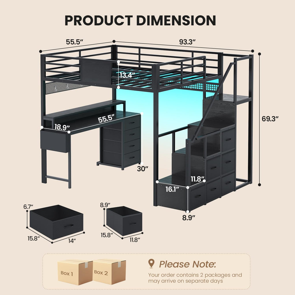 Full Size Loft Bed with Desk and Storage Stairs H985032