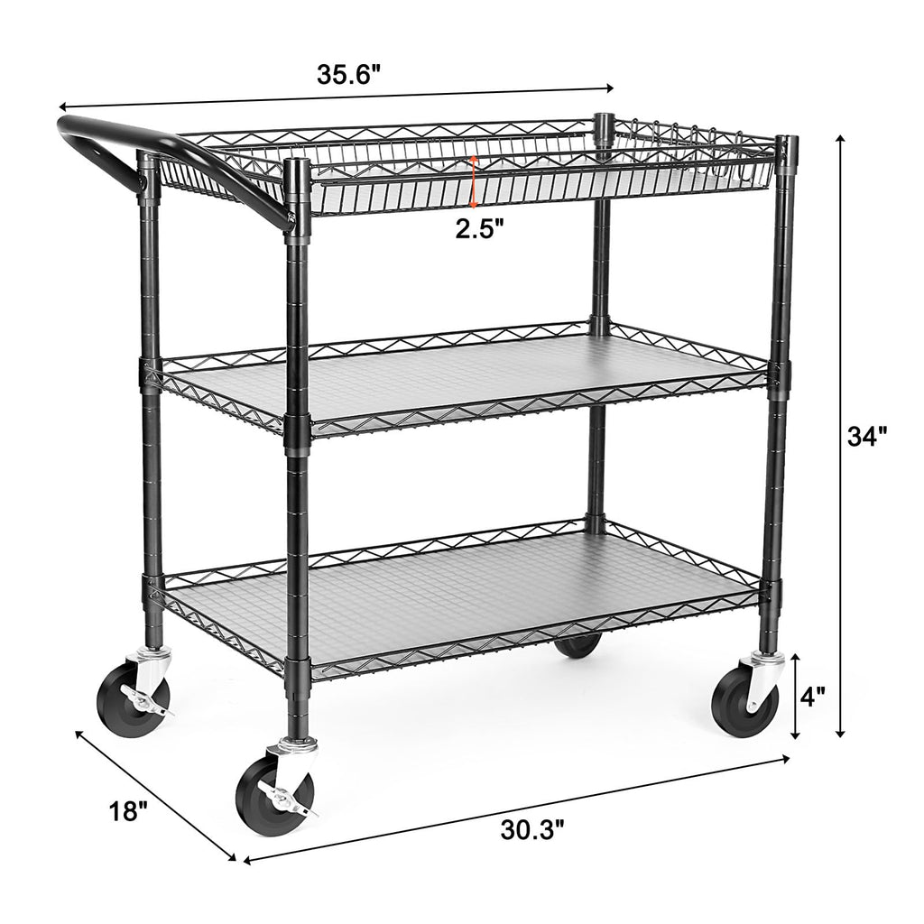 Heavy Duty 3 Tier Rolling Utility Cart with Wheels, Black T922955