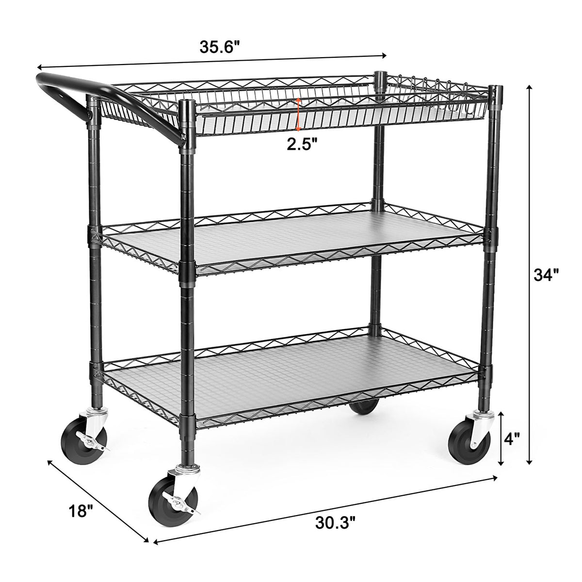 Heavy Duty 3 Tier Rolling Utility Cart with Wheels, Black T922955