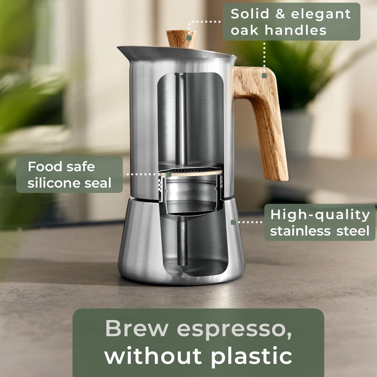 Stainless Steel Moka Pot 10oz Oak Wood Handle Stovetop Espresso Maker B6753