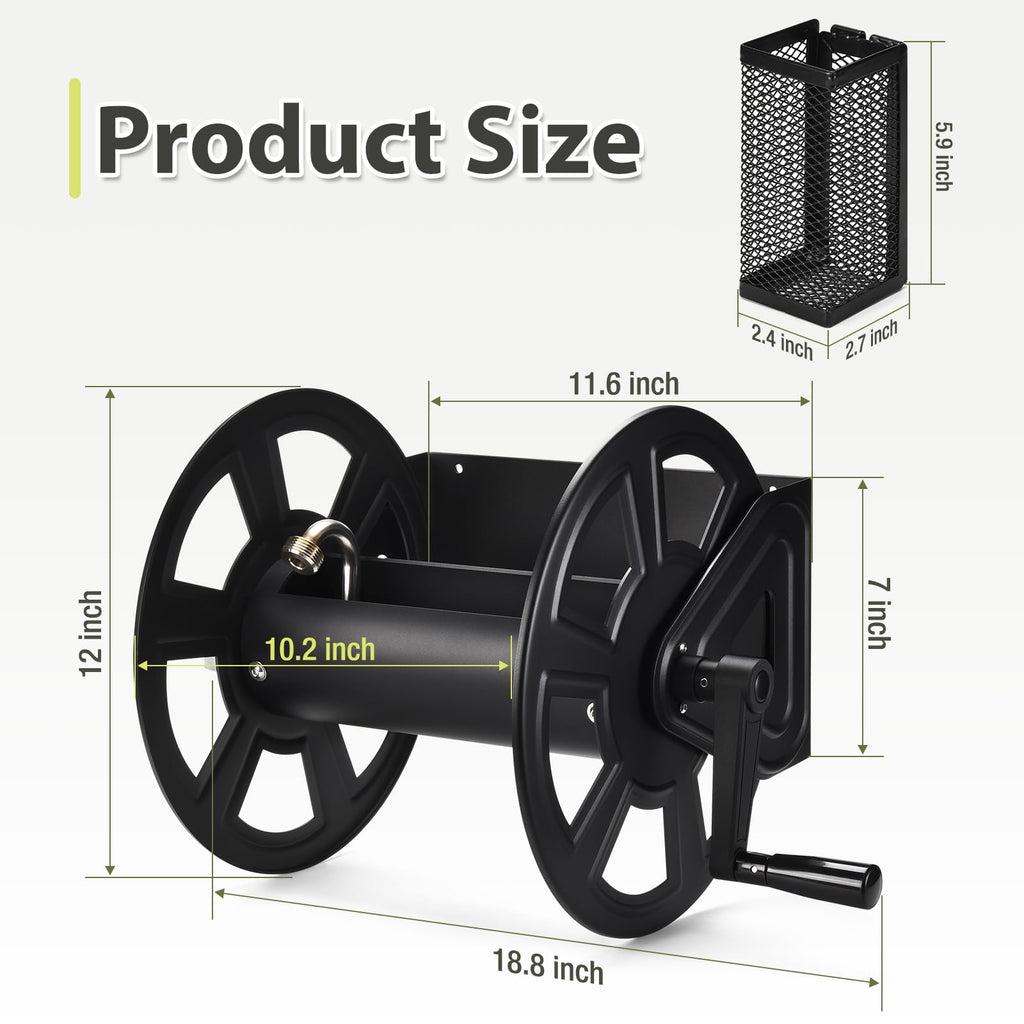 Wall Mounted Hose Reel, Holds 125ft of 5/8-Inch Hose, Black O2035