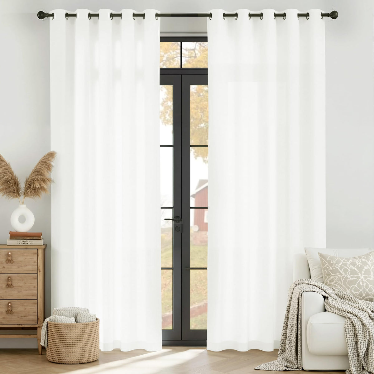 White 84 inches Long Semi Sheer Curtains O8853