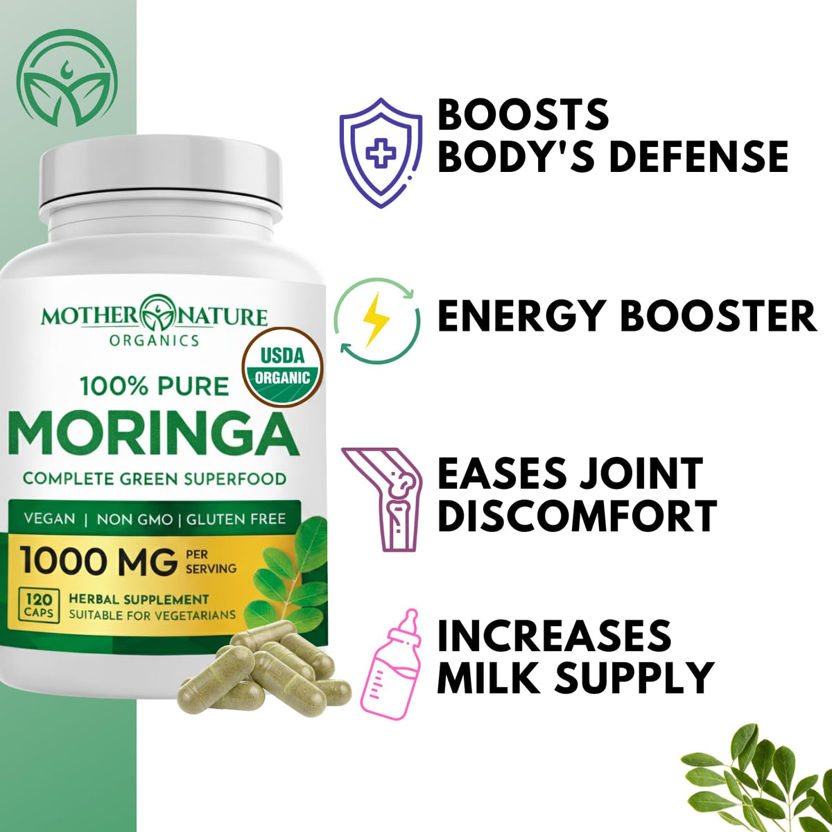 Organic Moringa Leaf Capsules 1000mg 120 Ct D67938
