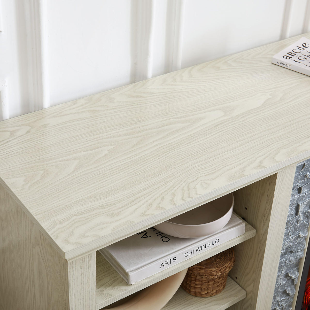 White TV Stand with Electric Fireplace and Open Shelves R508