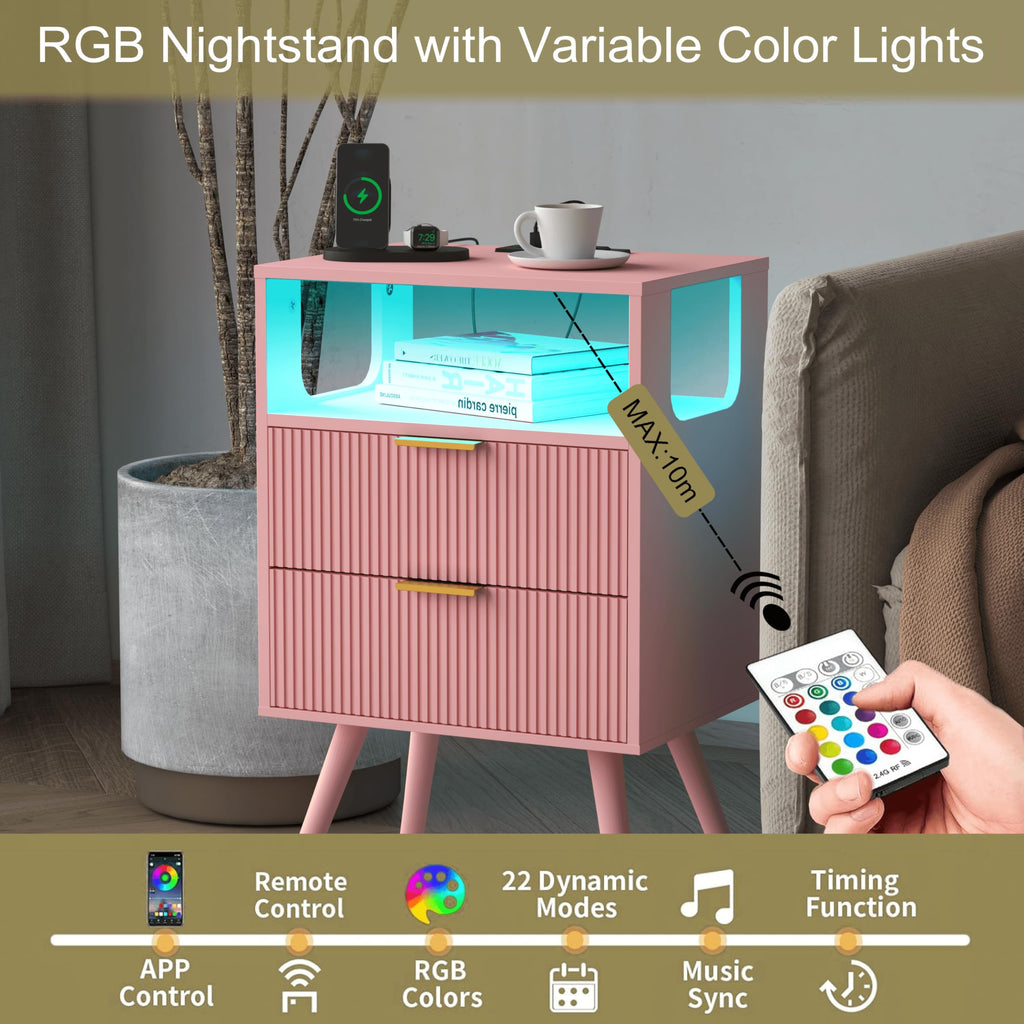 Pink Nightstand with Charging Station and LED Lights R36599
