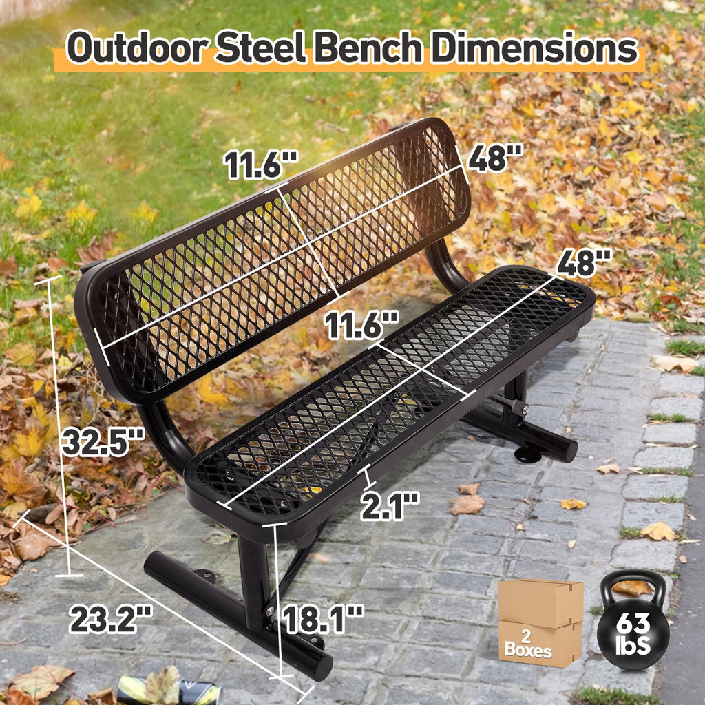 4Ft Black Metal Outdoor Bench with Back X53752