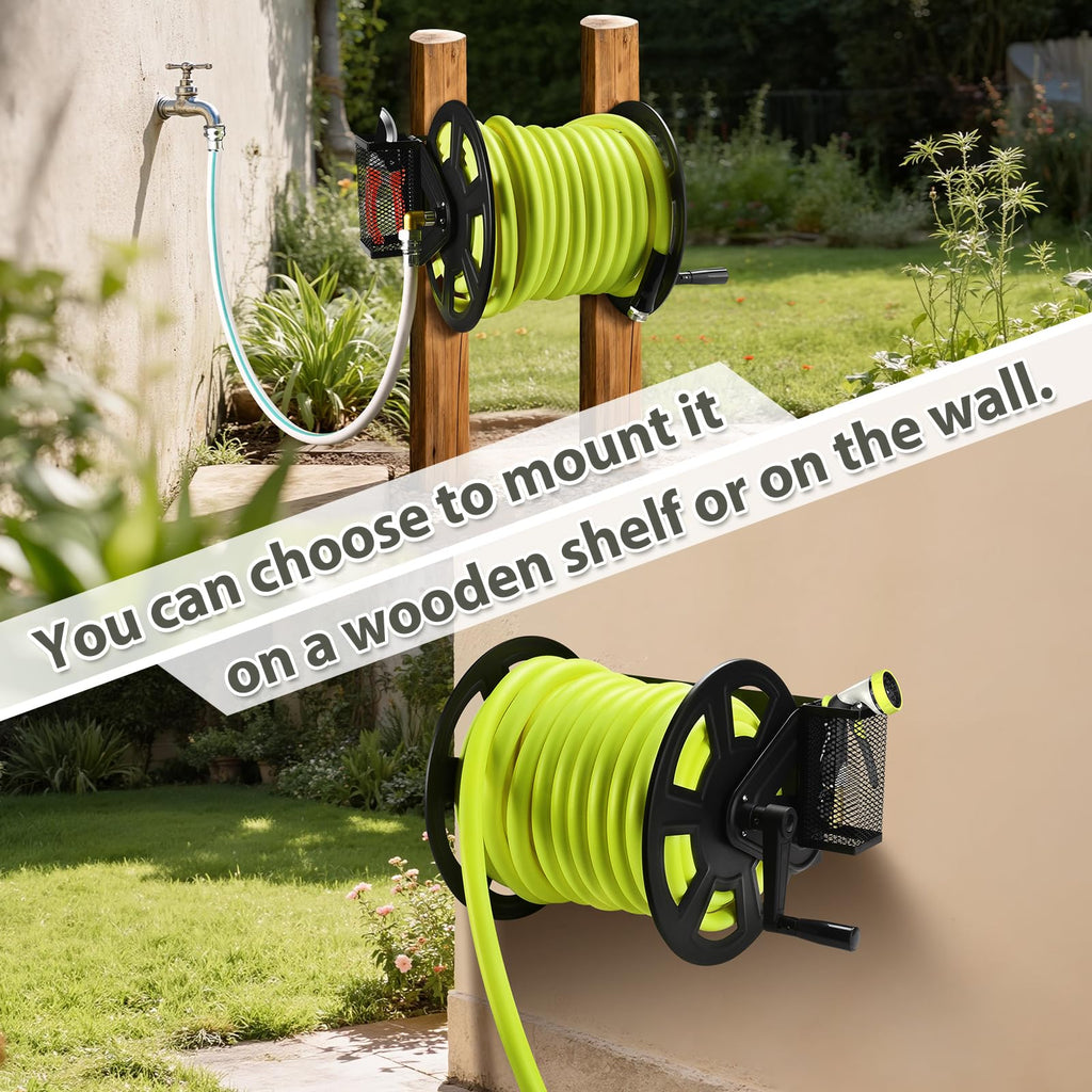 Wall Mounted Hose Reel, Holds 125ft of 5/8-Inch Hose, Black O2035