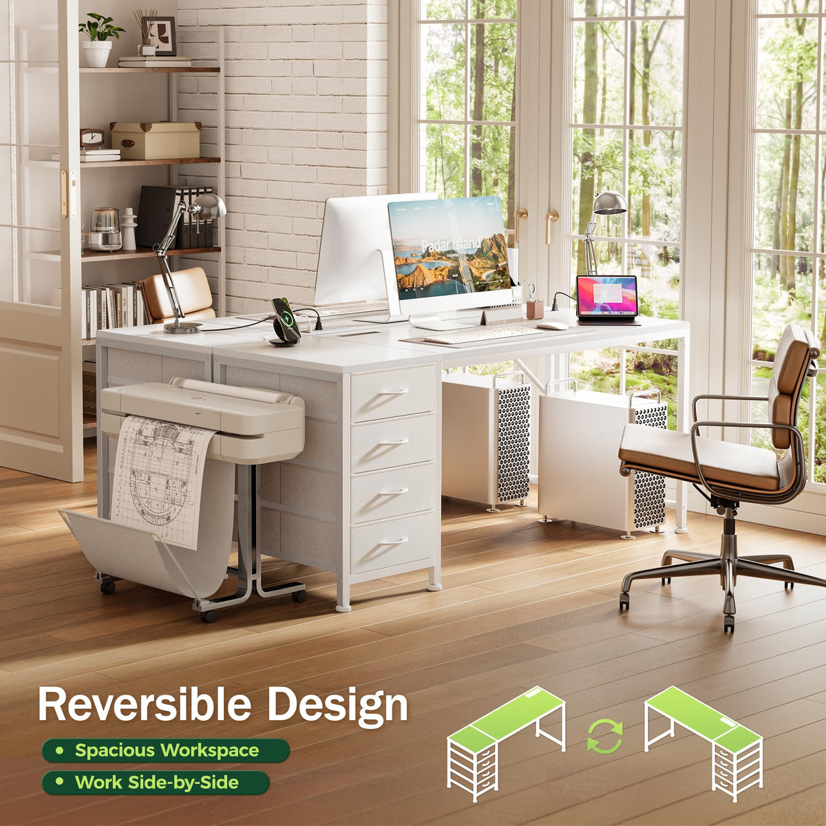 55.1 Inch White Desk with Power Outlets and USB-C Port J696683