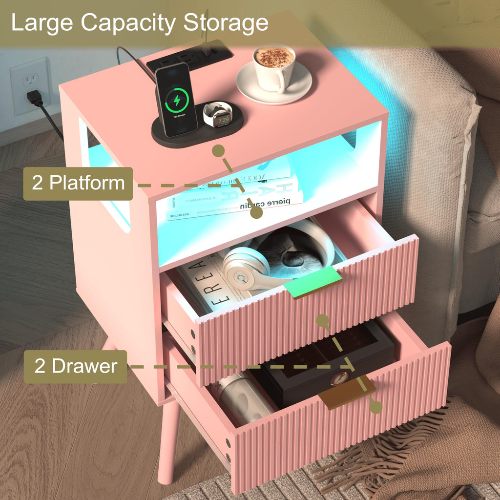 Pink Nightstand with Charging Station and LED Lights R36599