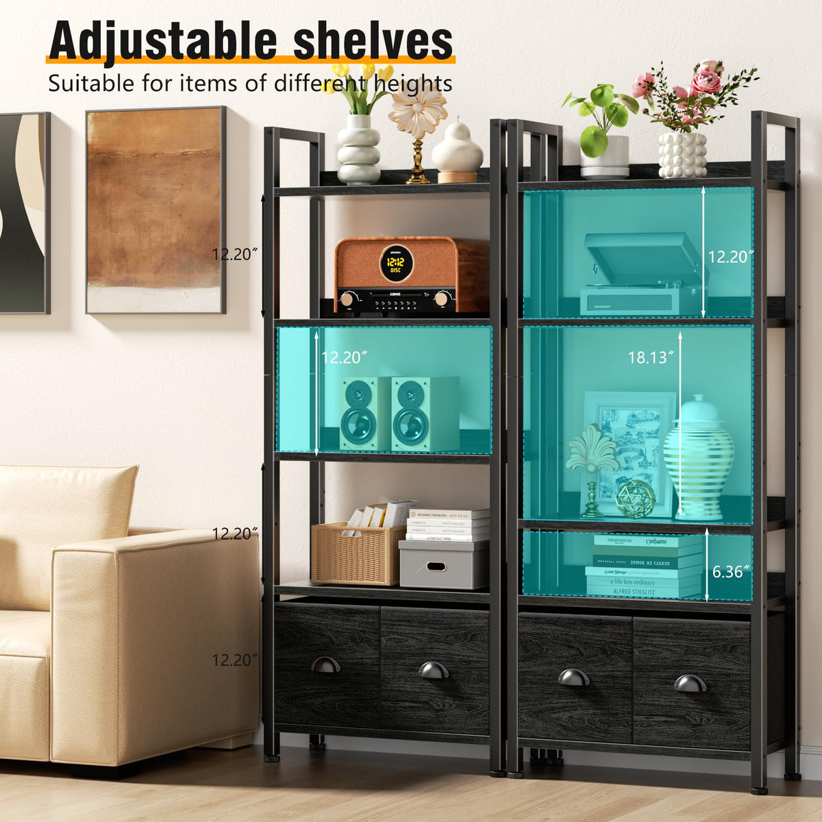 5-Tier Black Oak Bookshelf with 2 Storage Drawers C8633