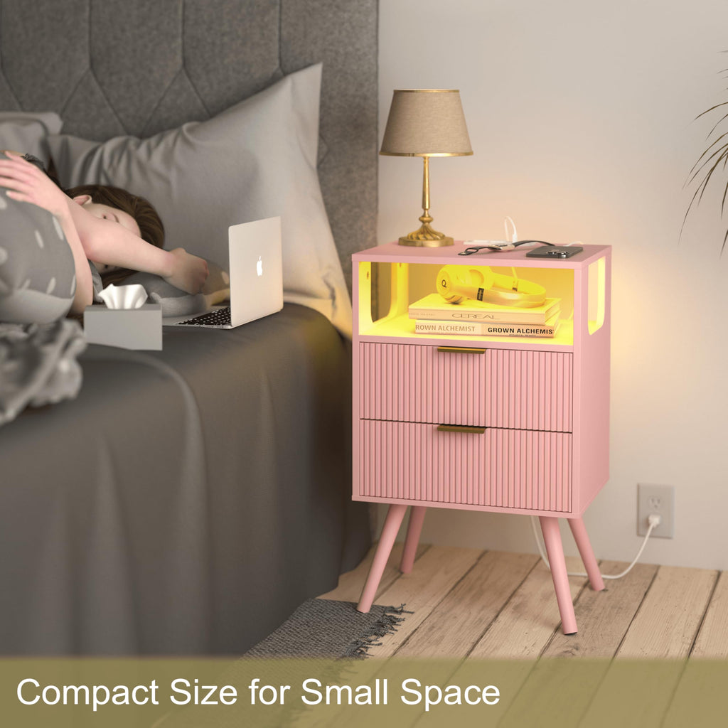 Pink Nightstand with Charging Station and LED Lights R36599