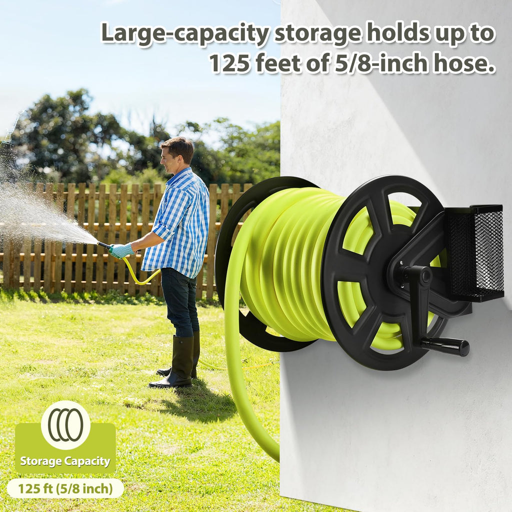 Wall Mounted Hose Reel, Holds 125ft of 5/8-Inch Hose, Black O2035