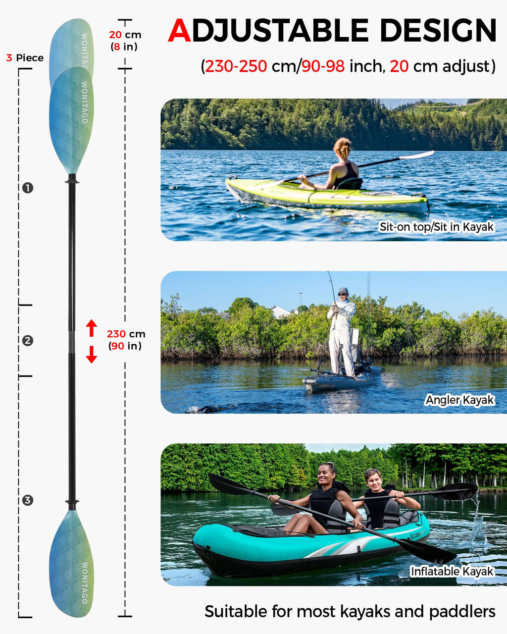 Adjustable Fiberglass Shaft Nylon Blade Kayak Paddle U52404