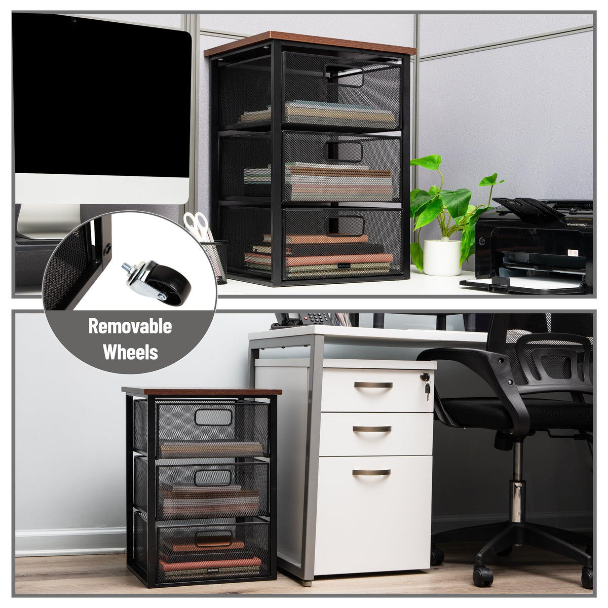 3 Drawer Rolling Storage Organizer with Wood Top F402