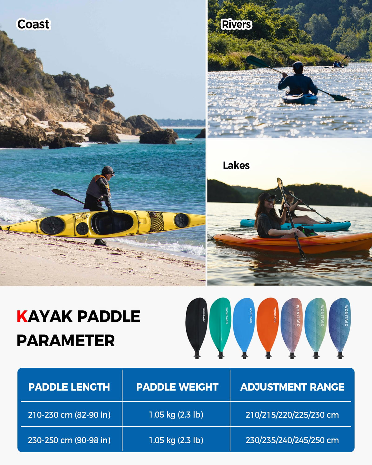 Adjustable Fiberglass Shaft Nylon Blade Kayak Paddle U52404