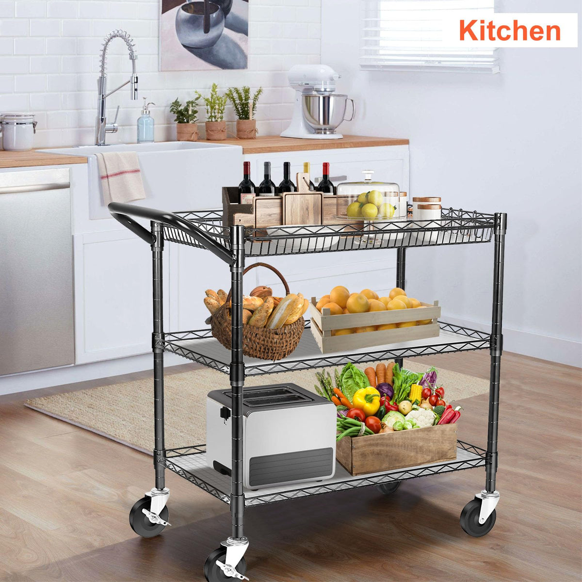 Heavy Duty 3 Tier Rolling Utility Cart with Wheels, Black T922955