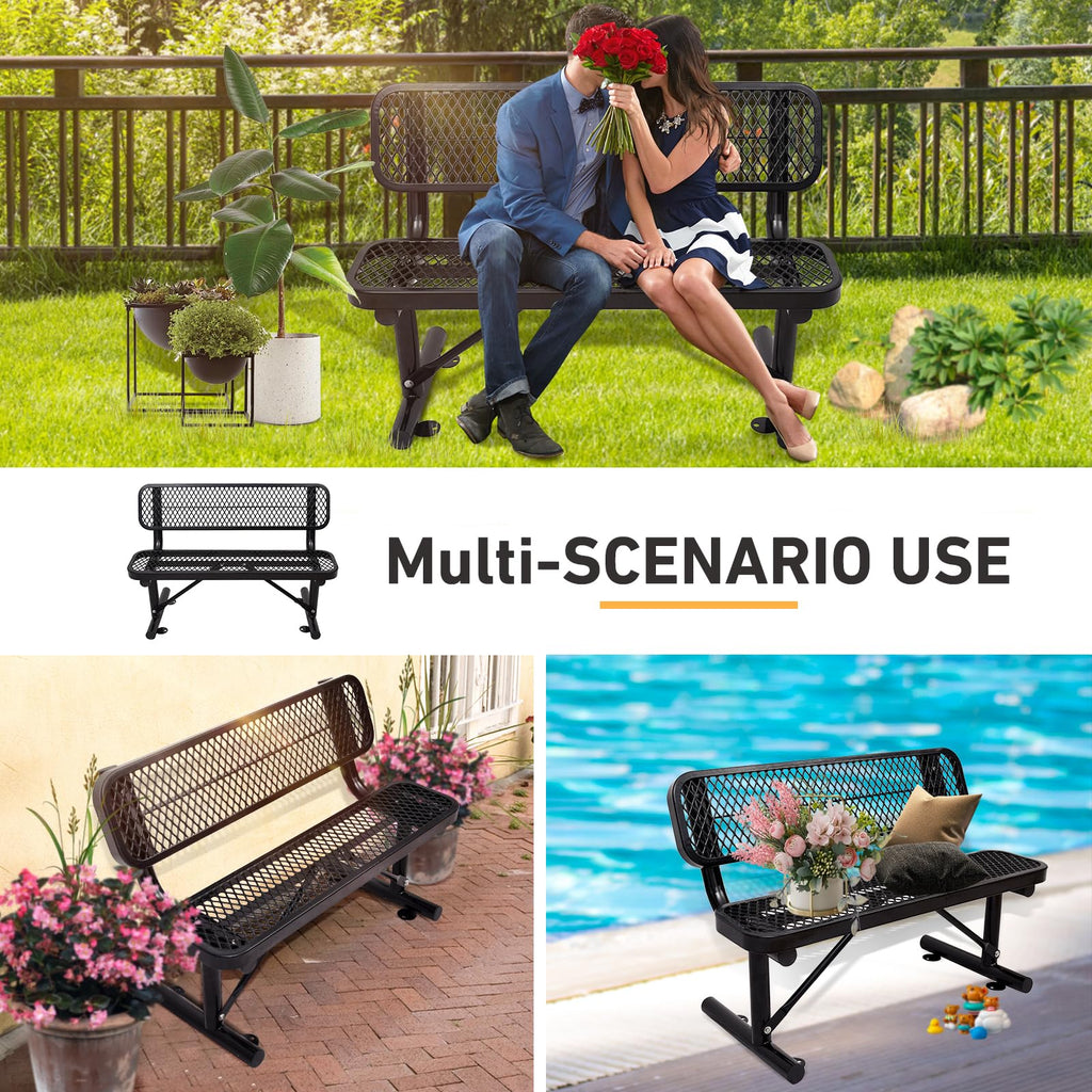 4Ft Black Metal Outdoor Bench with Back X53752