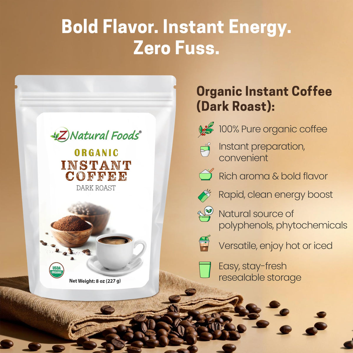 Organic Instant Coffee Powder Dark Roast Arabica 8 oz D1951