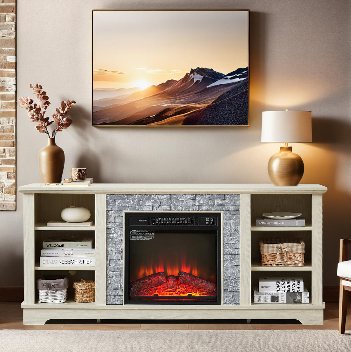 White TV Stand with Electric Fireplace and Open Shelves R508