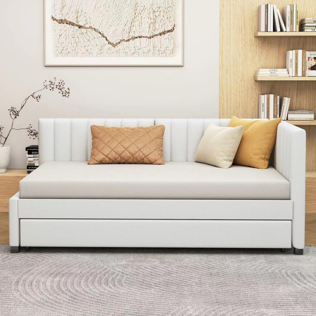 Upholstered Daybed with Trundle Linen Fabric Beige Twin C6682