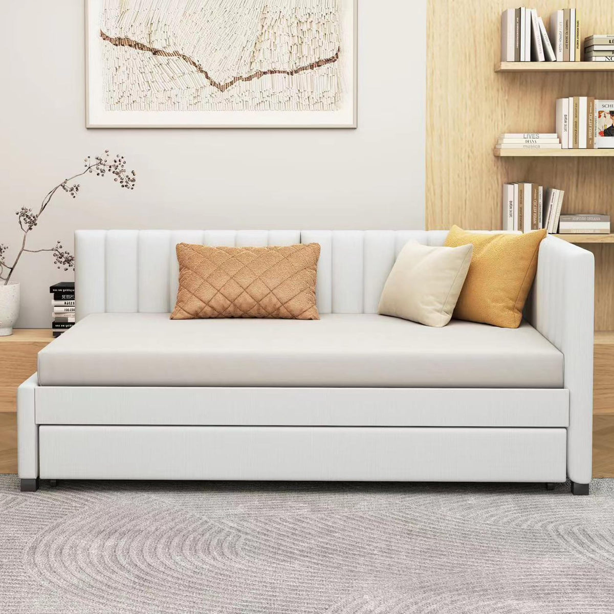 Upholstered Daybed with Trundle Linen Fabric Beige Twin C6682