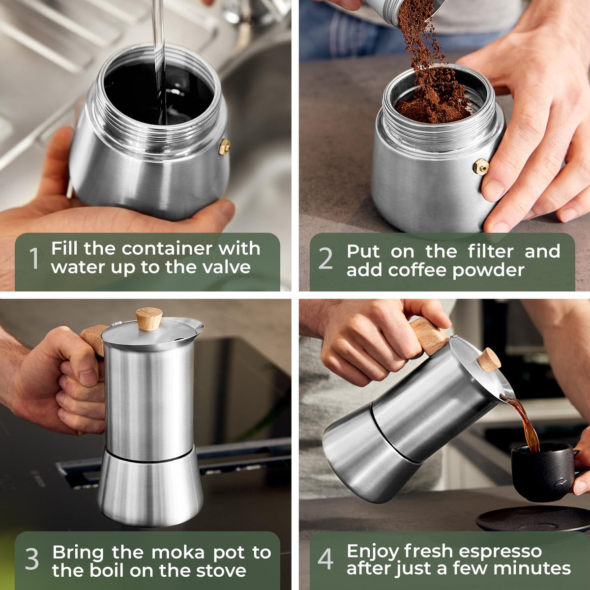 Stainless Steel Moka Pot 10oz Oak Wood Handle Stovetop Espresso Maker B6753