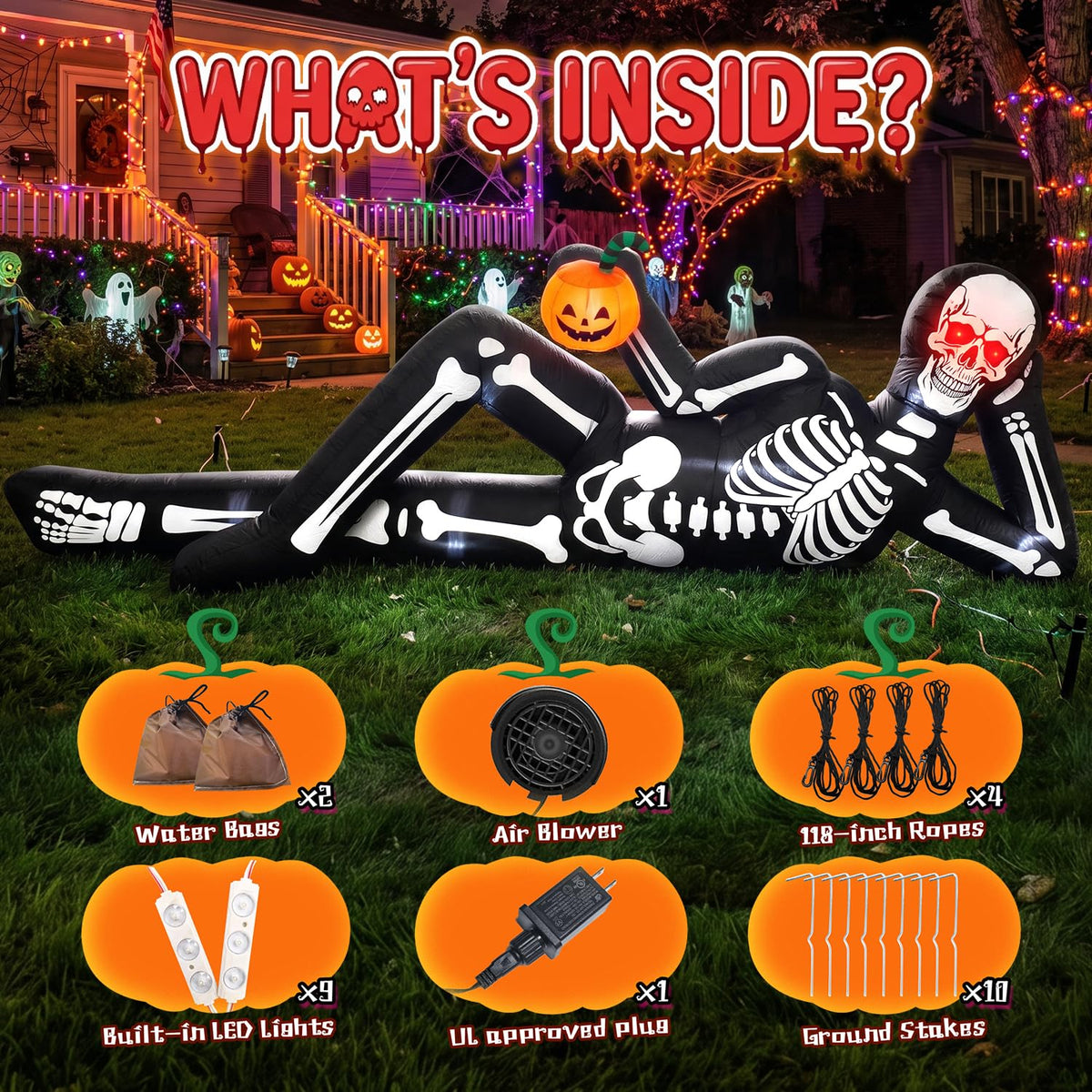 12FT Halloween Inflatable Lying Skeleton Decoration P5424