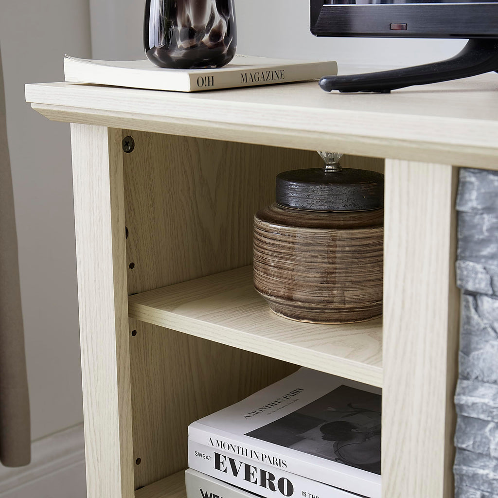 White TV Stand with Electric Fireplace and Open Shelves R508