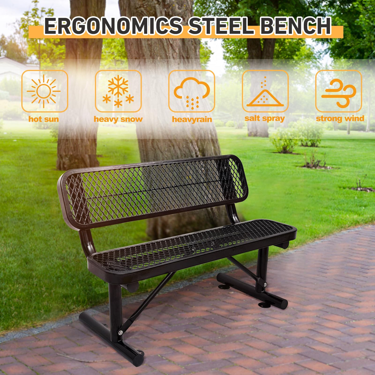 4Ft Black Metal Outdoor Bench with Back X53752