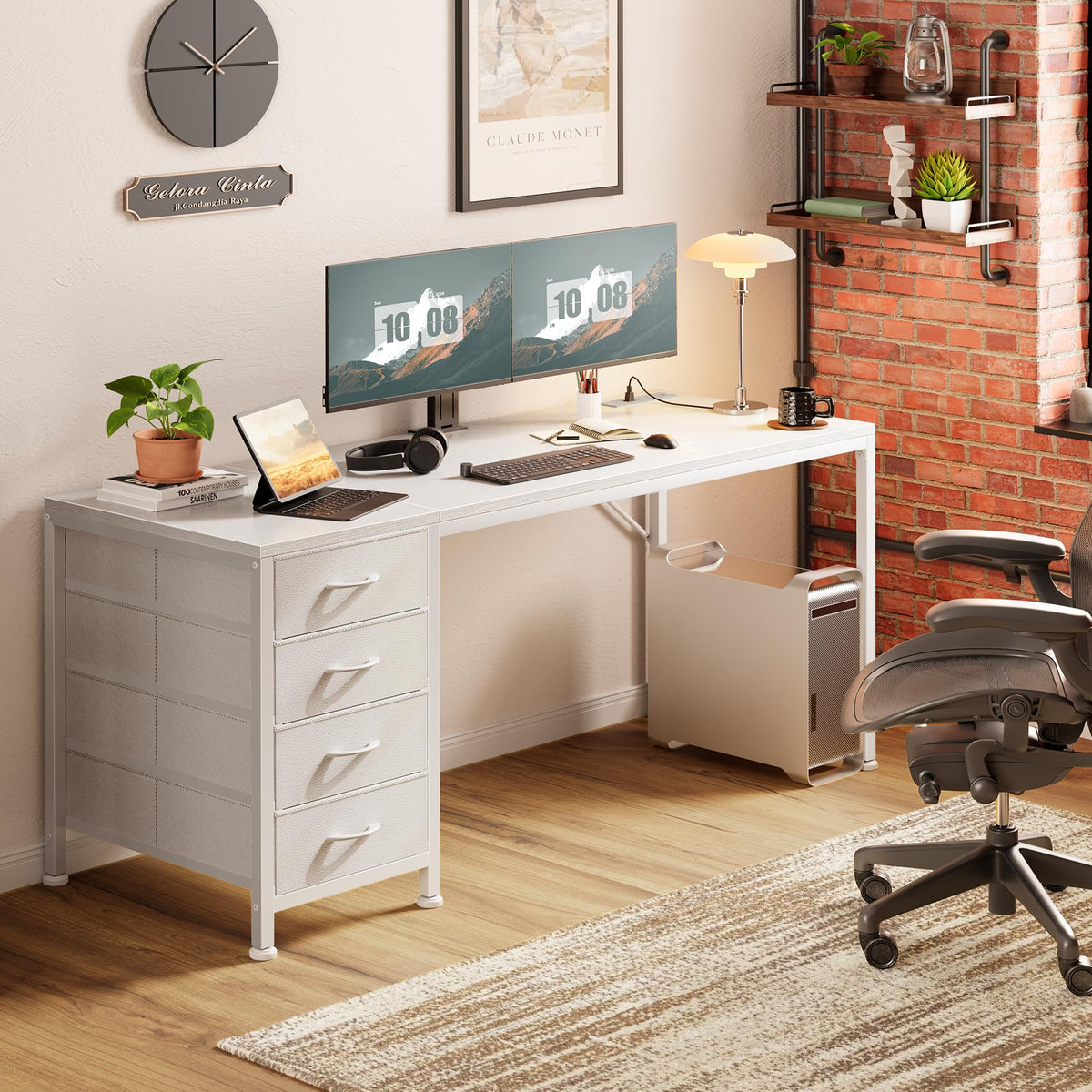 55.1 Inch White Desk with Power Outlets and USB-C Port J696683