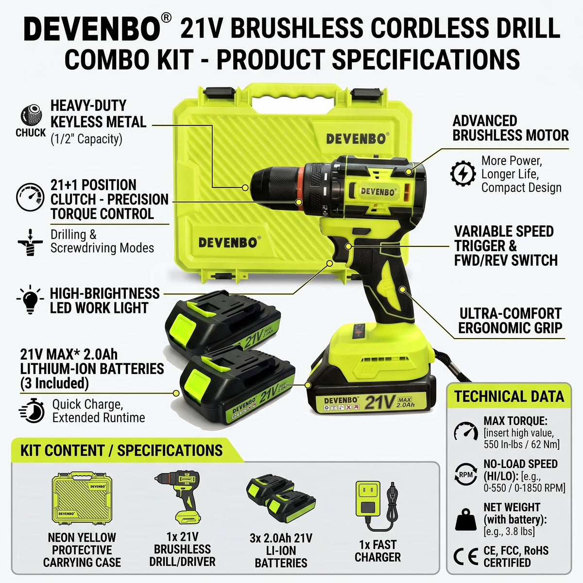 21V Brushless Cordless Drill Set Y924027