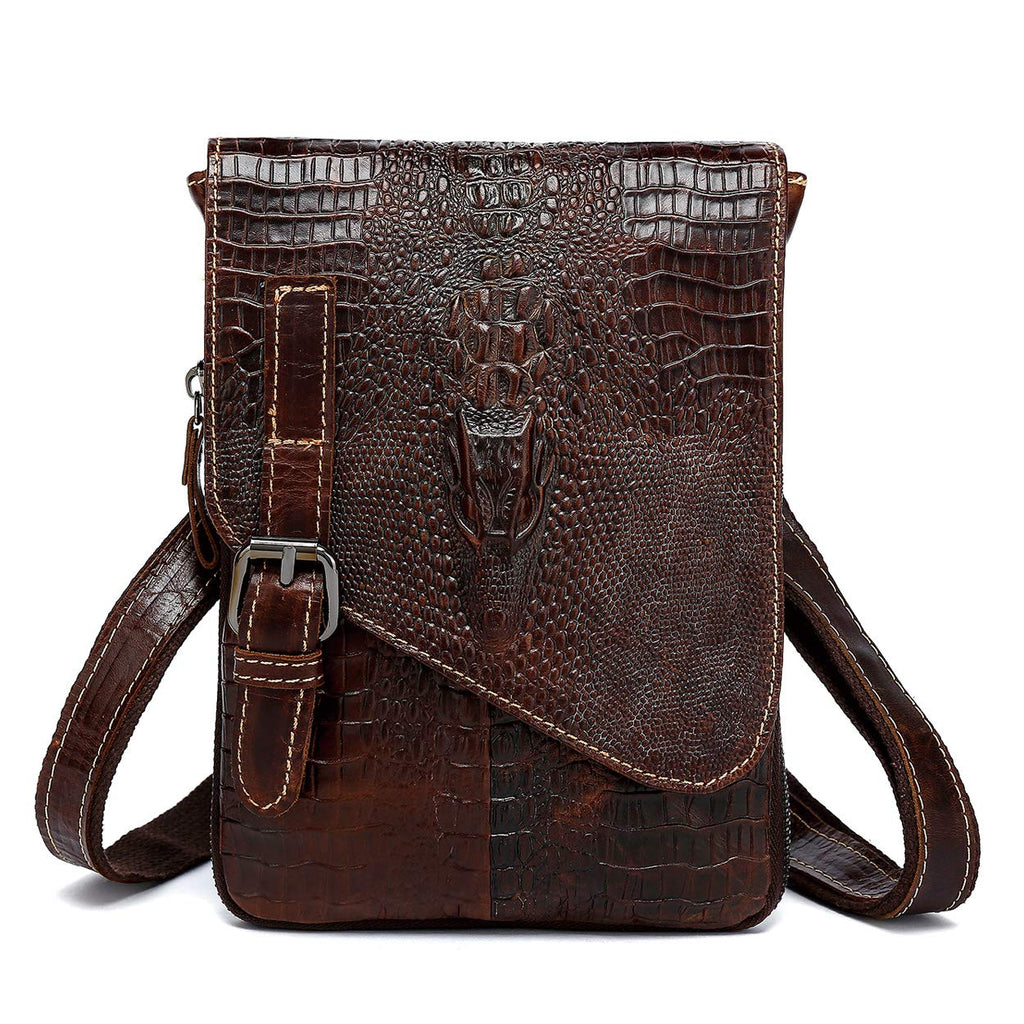 Brown Crocodile Embossed Genuine Leather Mini Messenger Bag N334