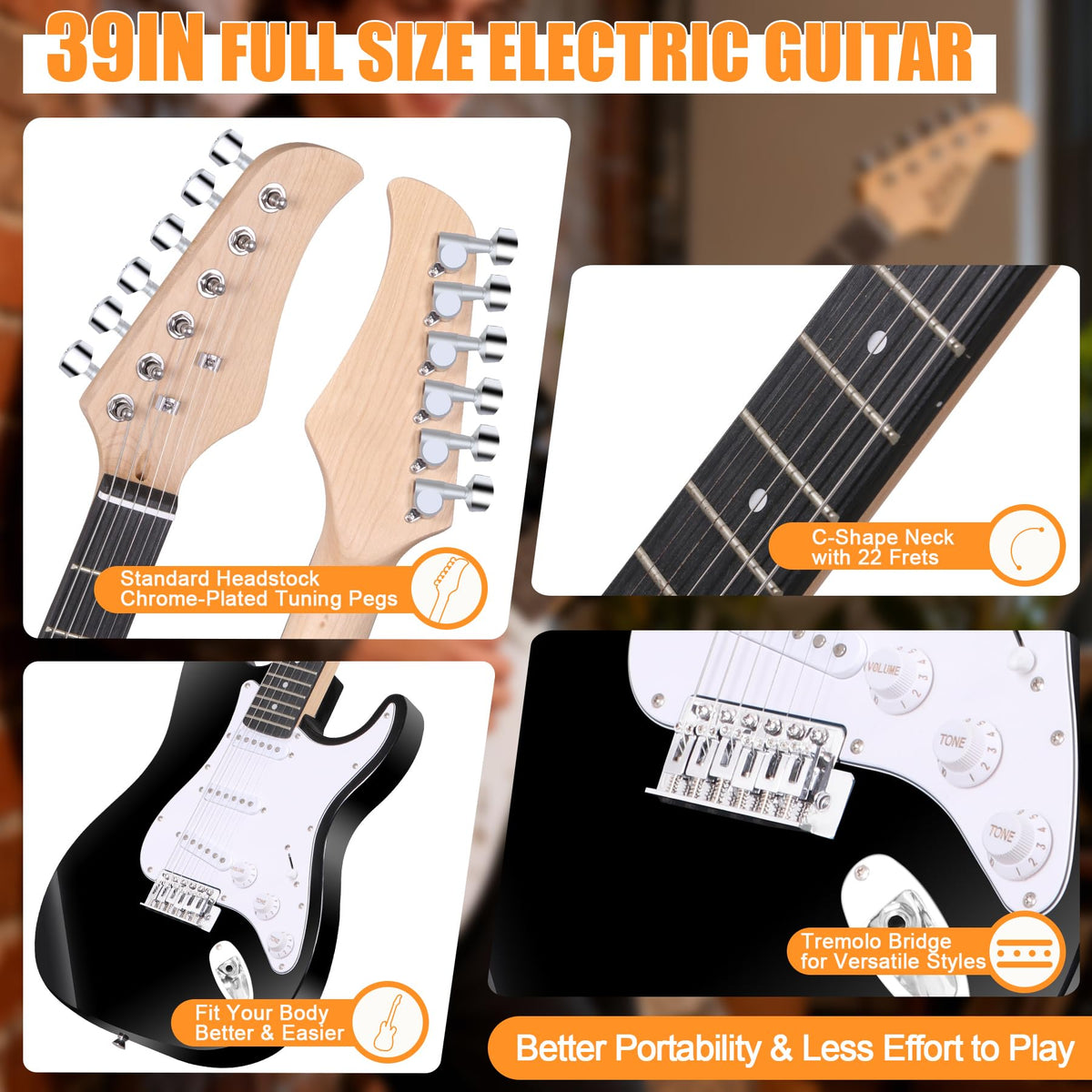 39 Inch Full Size Electric Guitar Kit with Strap, Amp, Case Bag and Strings G8377