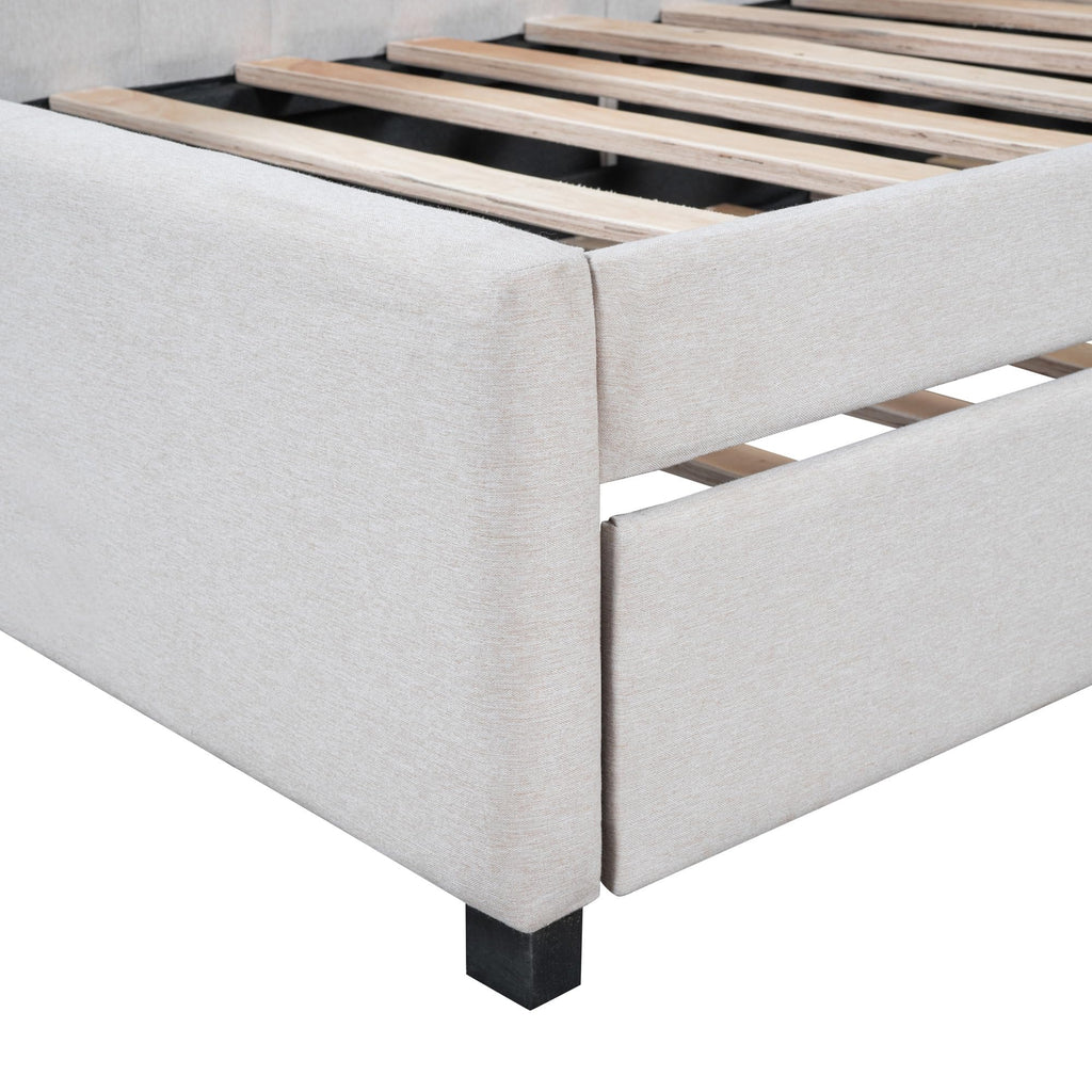 Upholstered Daybed with Trundle Linen Fabric Beige Twin C6682