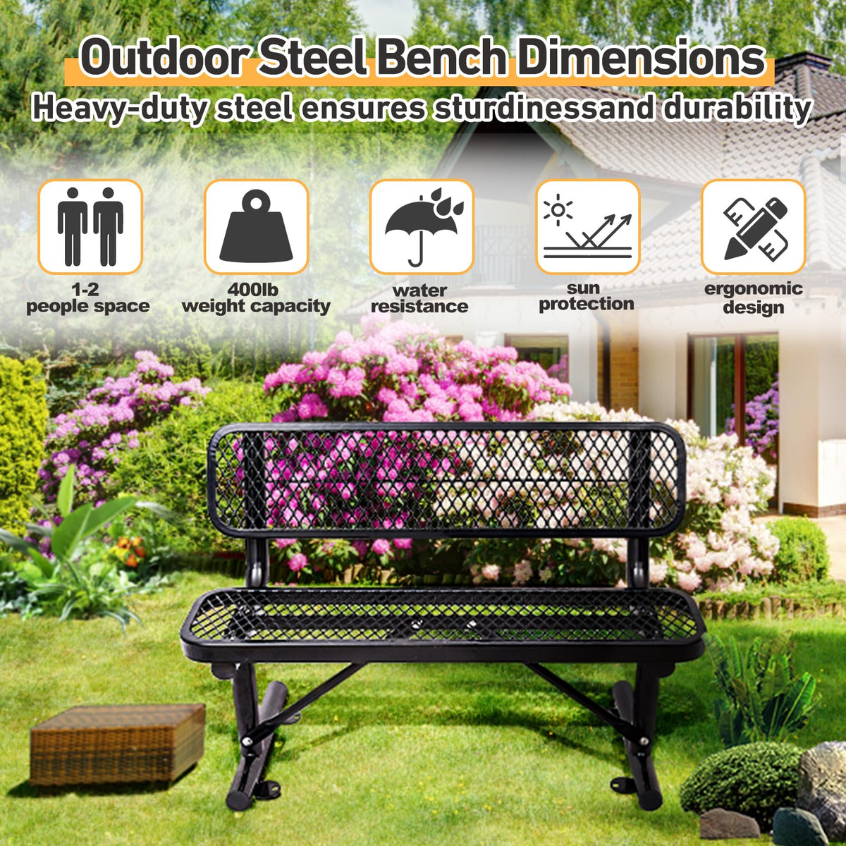 4Ft Black Metal Outdoor Bench with Back X53752