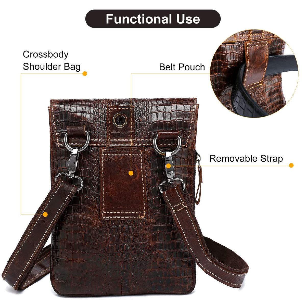 Brown Crocodile Embossed Genuine Leather Mini Messenger Bag N334