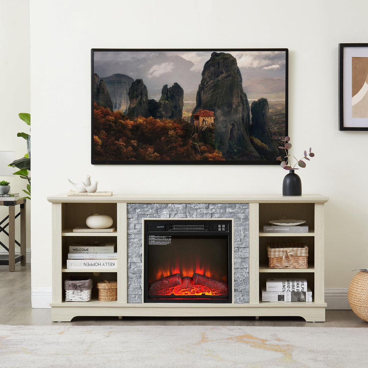 White TV Stand with Electric Fireplace and Open Shelves R508