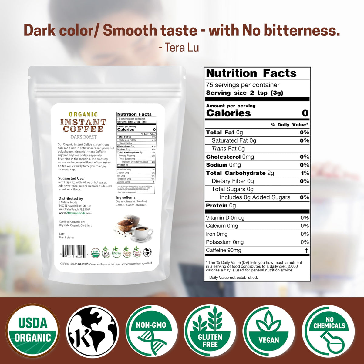 Organic Instant Coffee Powder Dark Roast Arabica 8 oz D1951
