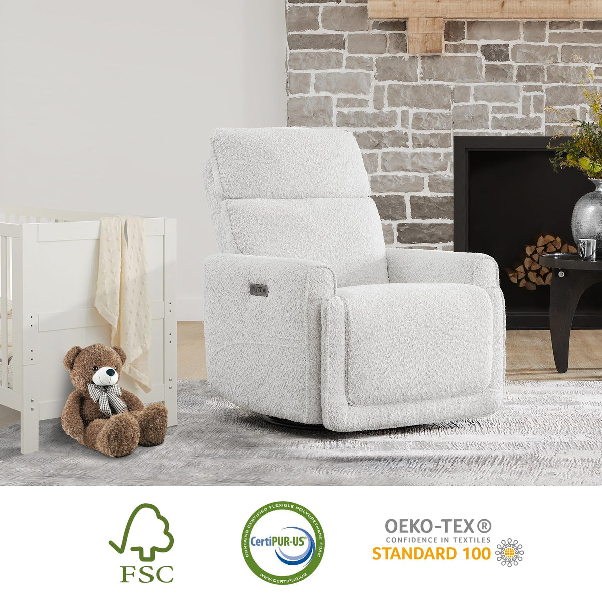 White Boucle Power Swivel Glider Recliner Chair W817