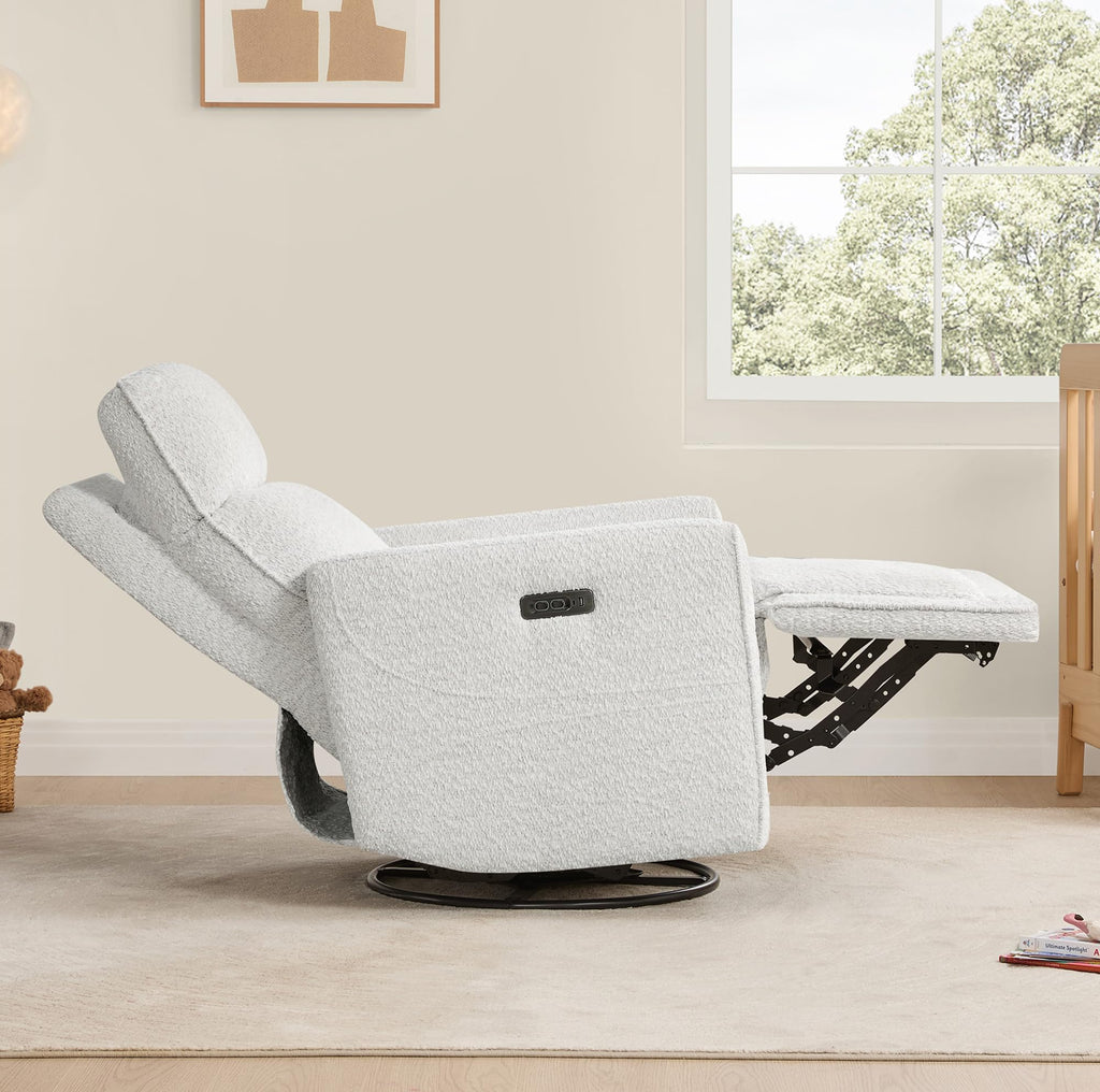 White Boucle Power Swivel Glider Recliner Chair W817