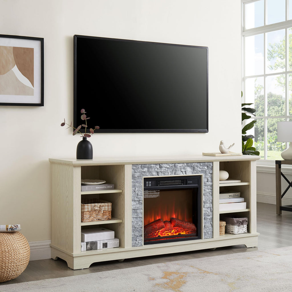 White TV Stand with Electric Fireplace and Open Shelves R508